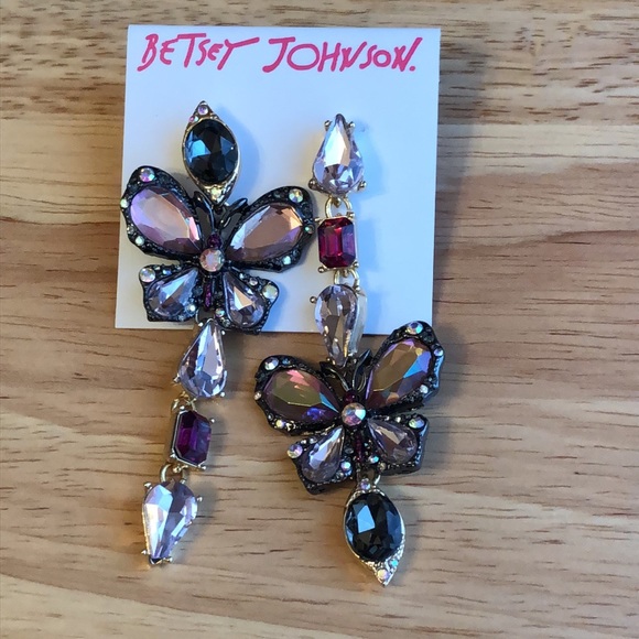 Betsey Johnson Hematite & Gold Tone Mismatch Crystal Butterfly Drop Earrings NWT - Picture 10 of 16